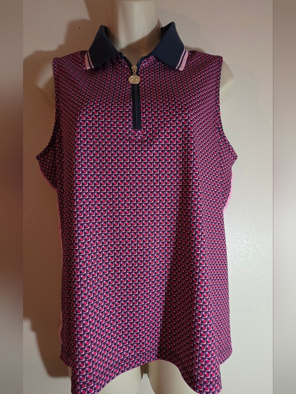 Sleeveless Pink Geo-Print Tank with Navy Zip Collar